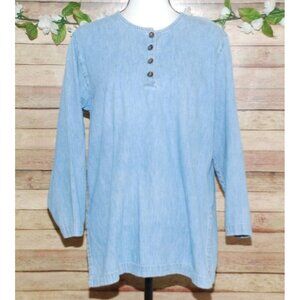 Russ Berens Malibu 3/4 Sleeve Denim Shirt Tunic Collarless & Side Slits Size M